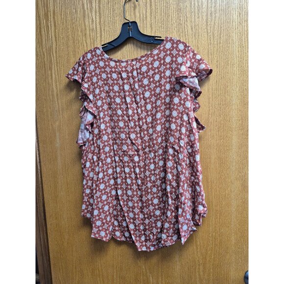 Rust-Red Floral Ruffle Sleeve Rayon Top With Tie Neck Large - Picture 5 of 5